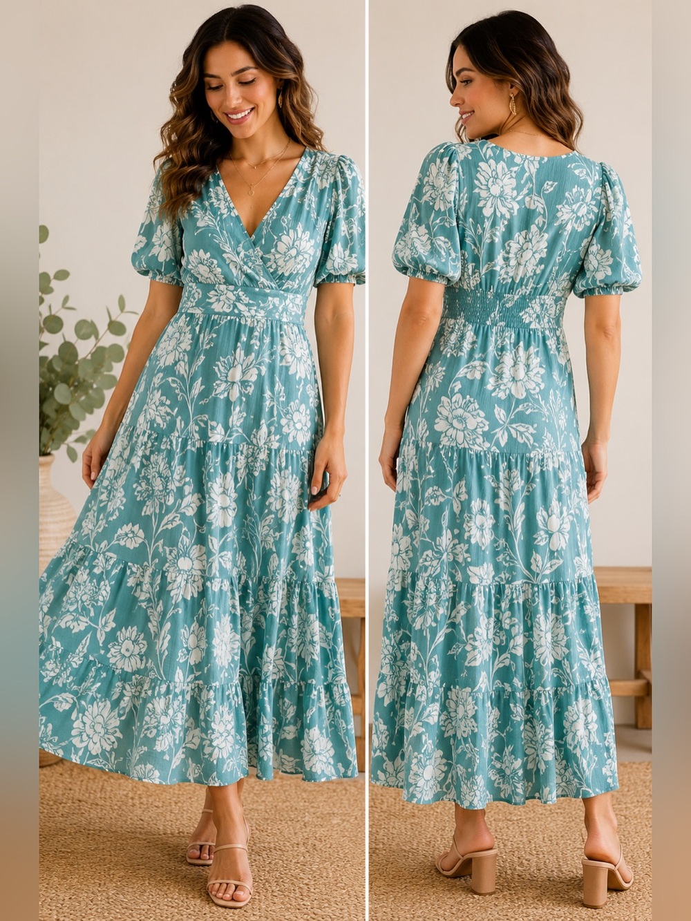Kate & Lily Floral Maxi Dress Medium Teal White Puff Sleeve Faux Wrap Boho